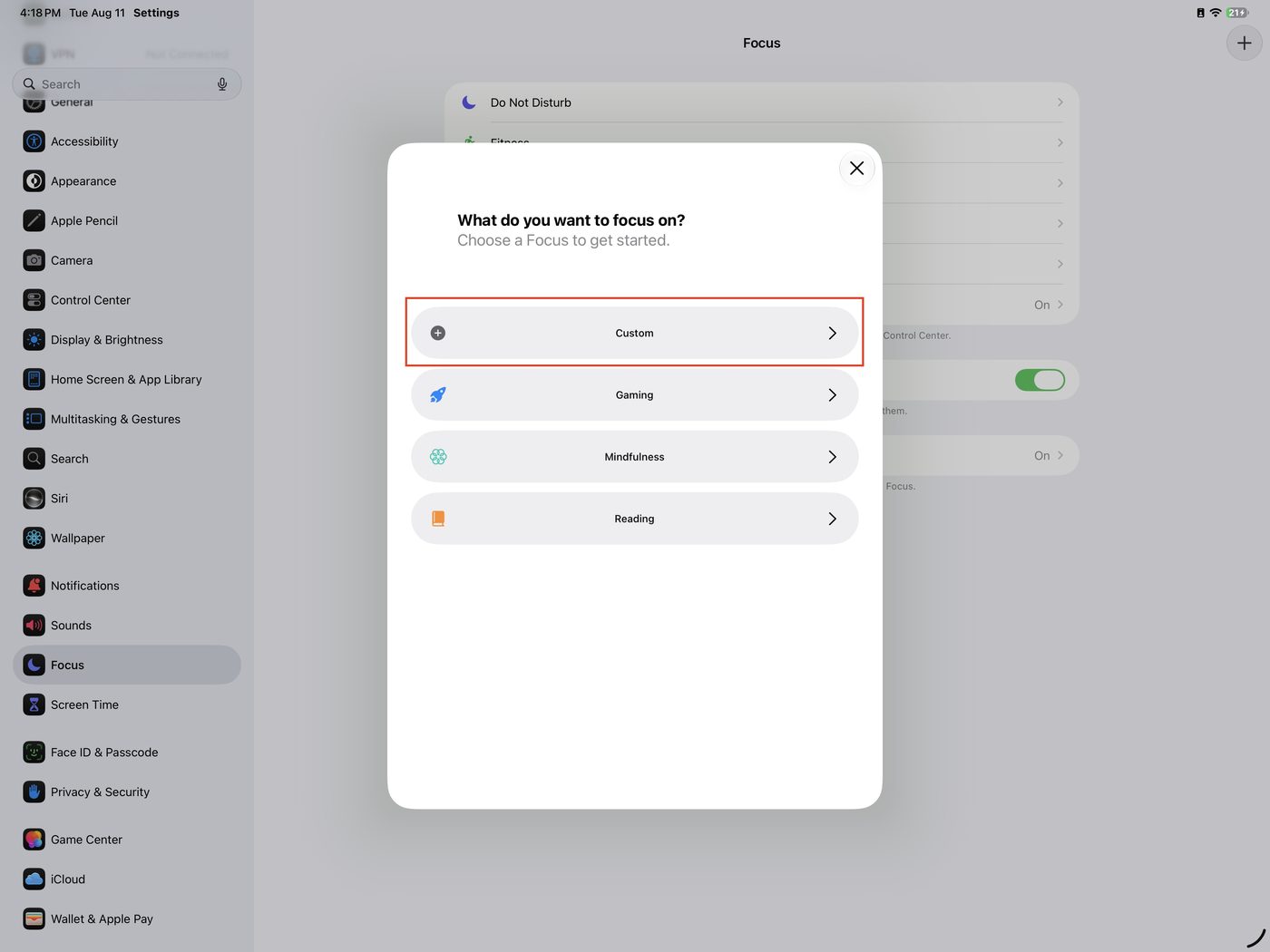 New Focus panel with Custom highlighted as the option to avoid