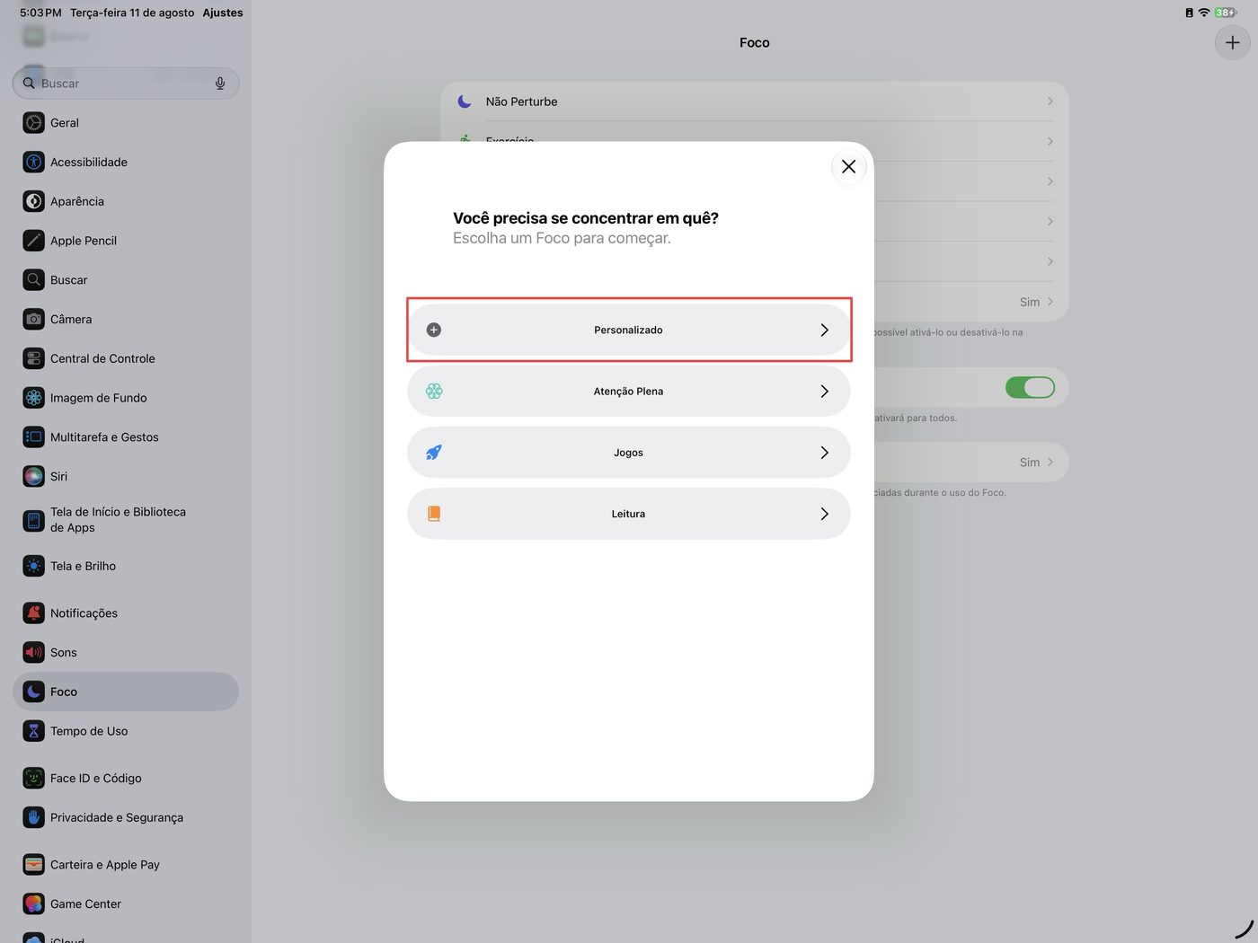 Painel de novo Foco com Personalizado destacado como opção a evitar