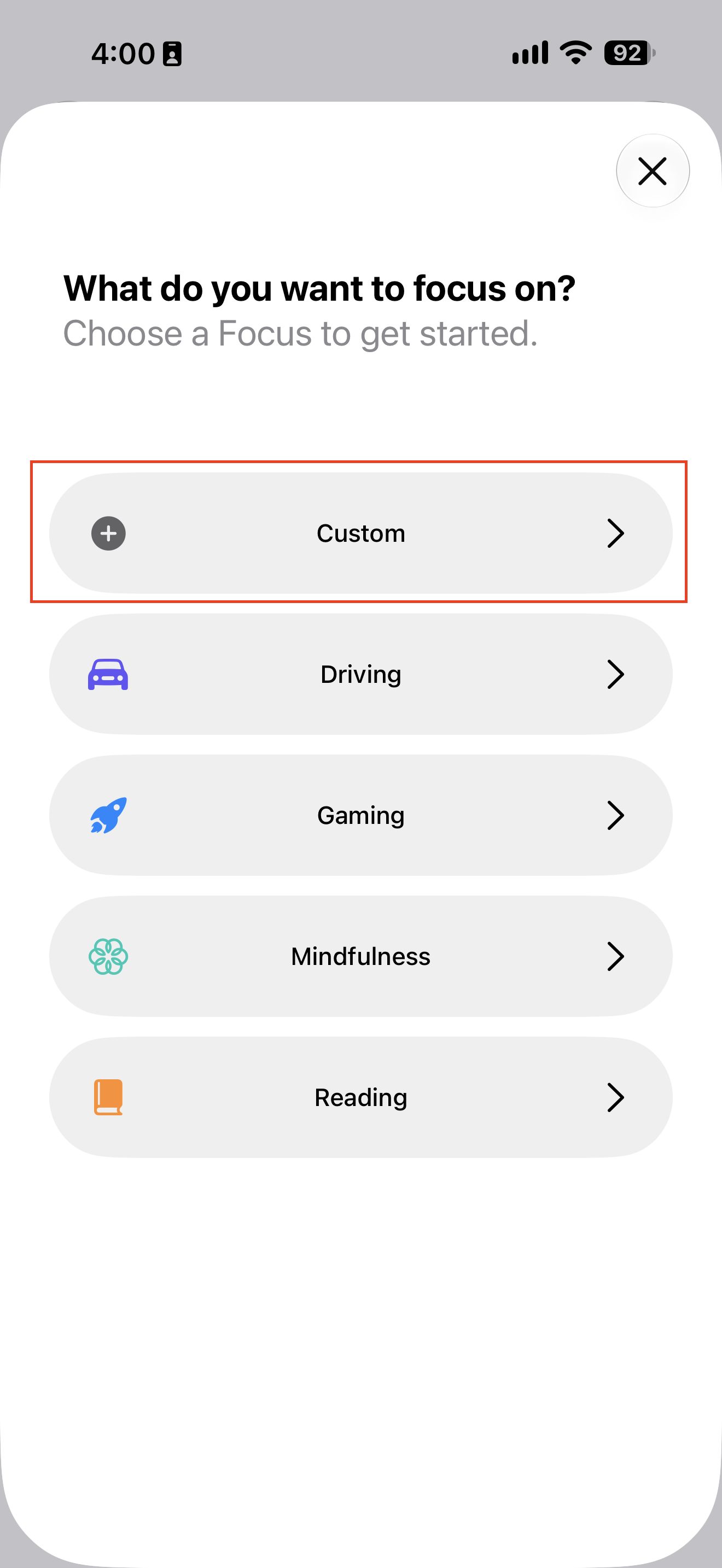 New Focus panel with Custom highlighted as the option to avoid