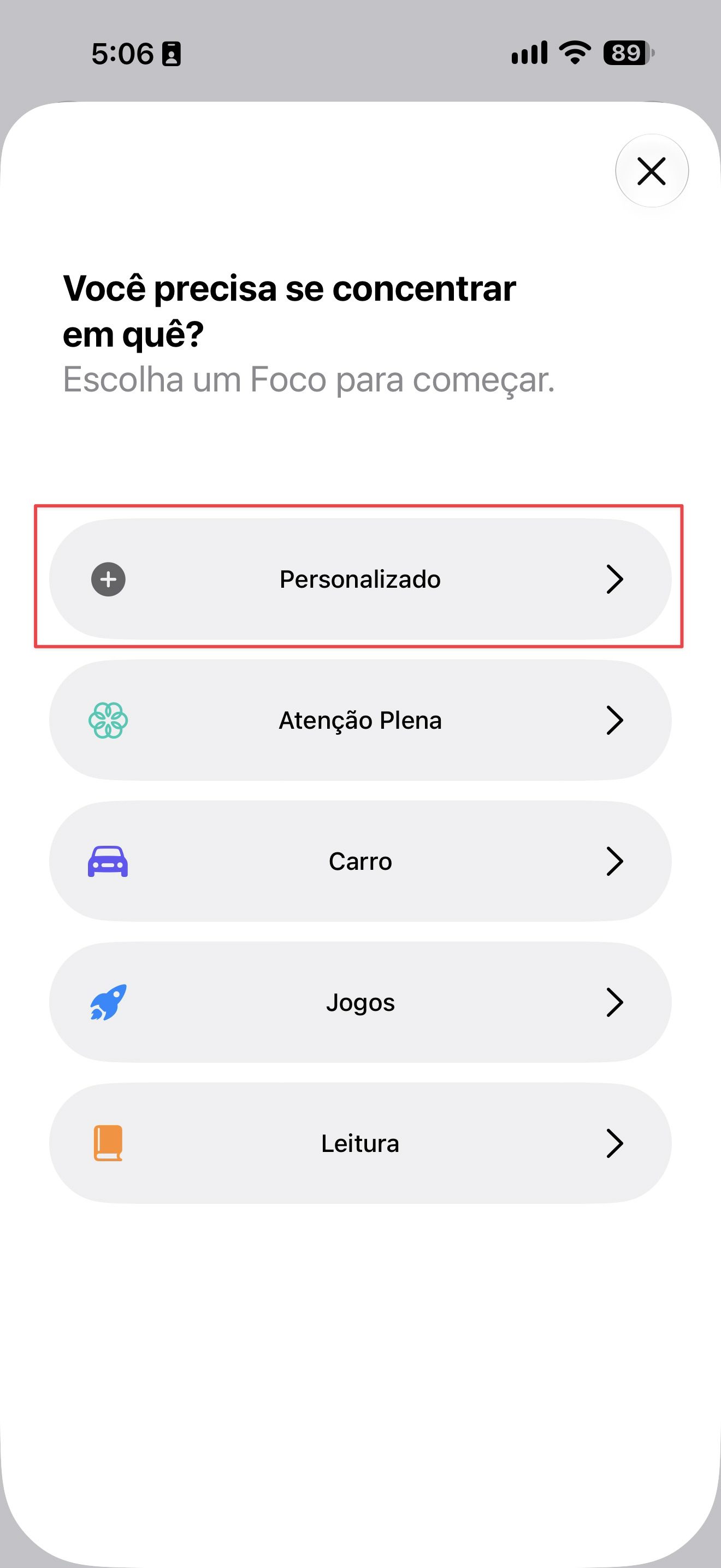 Painel de novo Foco com Personalizado destacado como opção a evitar