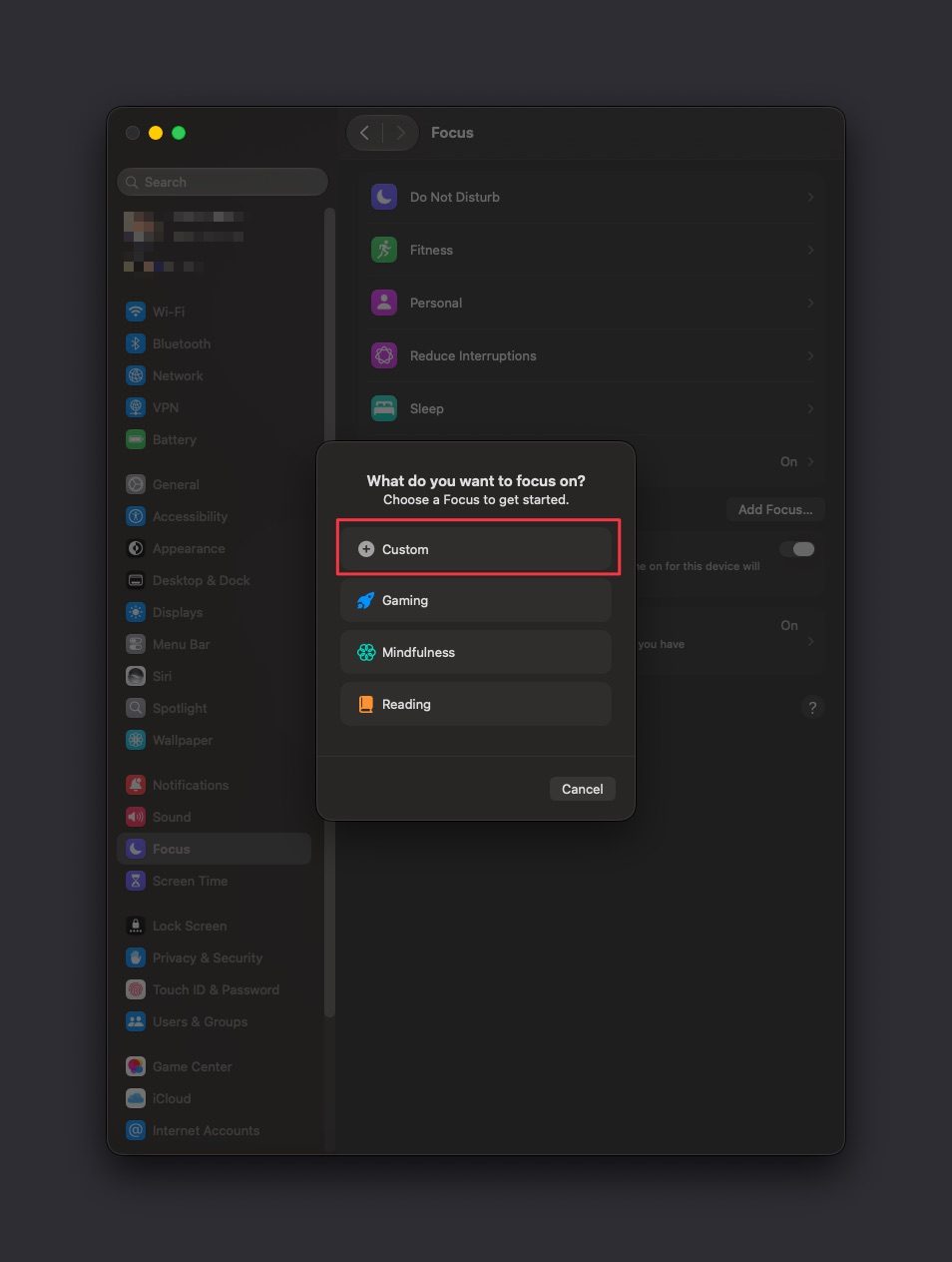 New Focus panel with Custom highlighted as the option to avoid