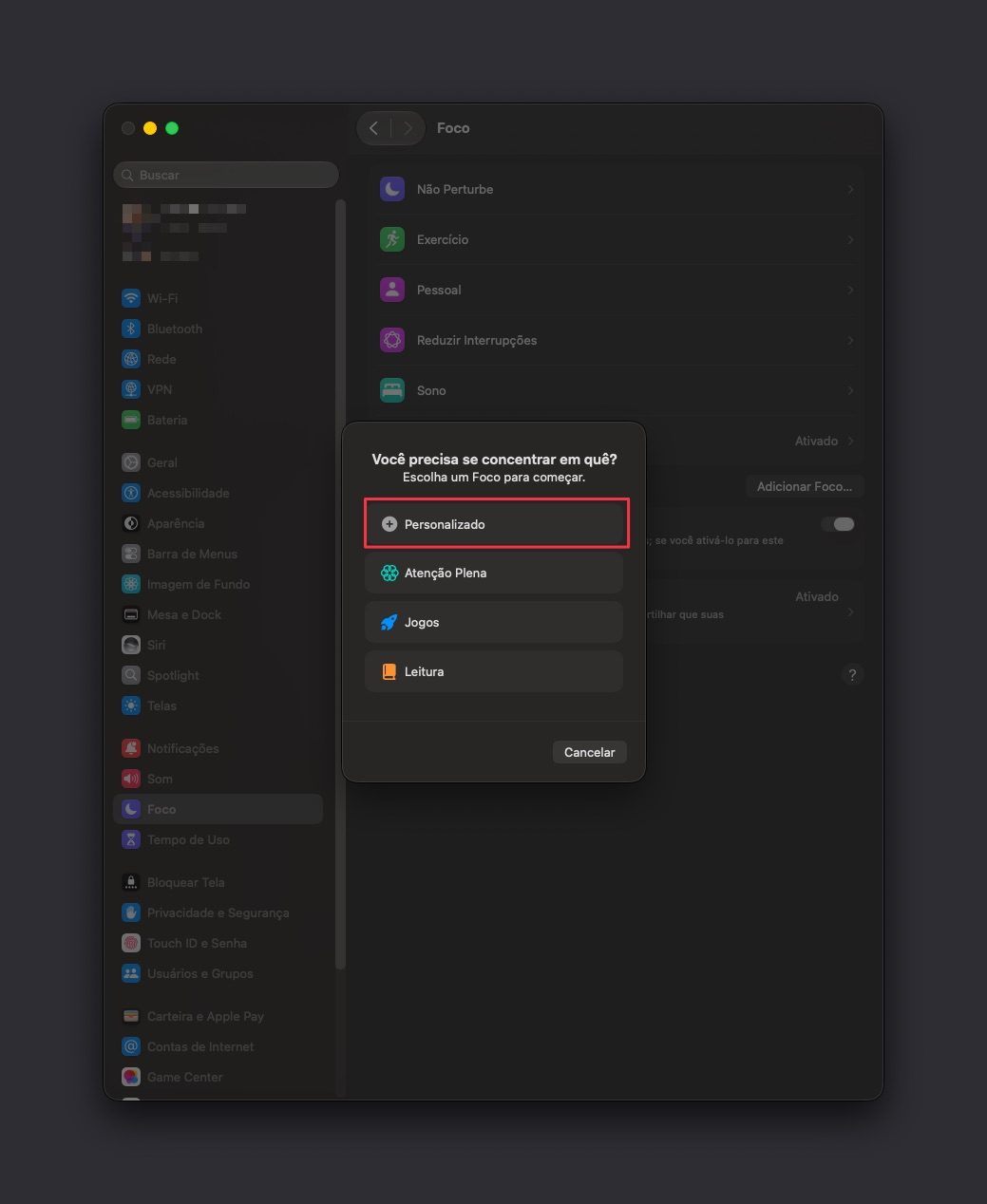 Painel de novo Foco com Personalizado destacado como opção a evitar