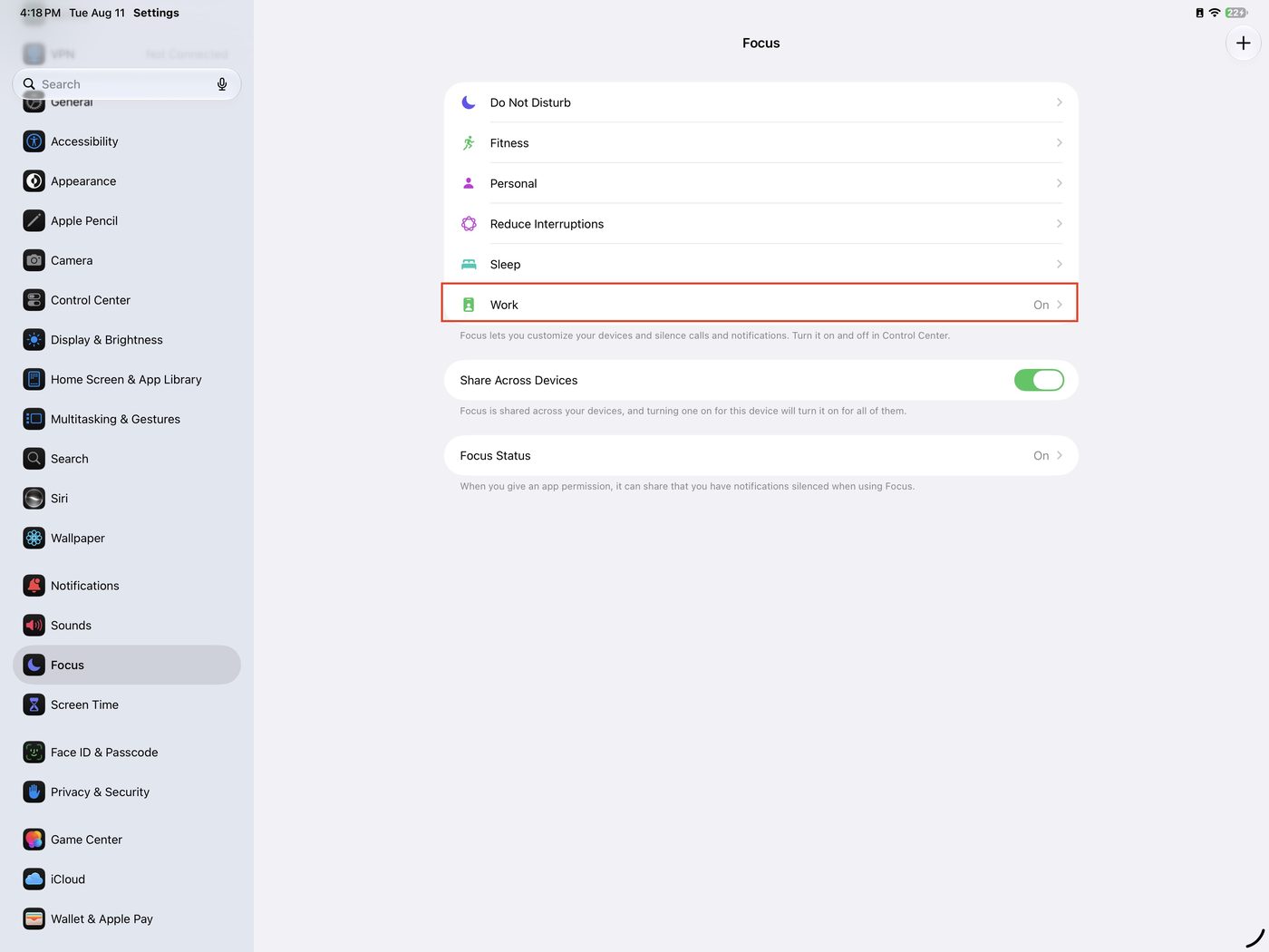 Settings > Focus screen with the Work Focus highlighted in the list