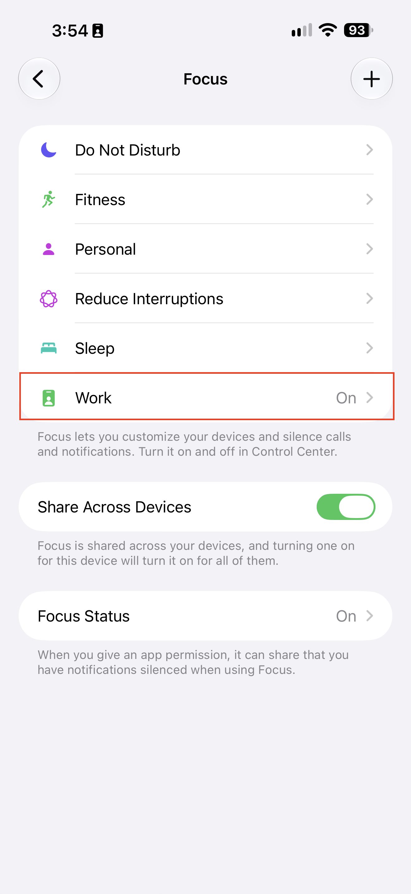 Settings > Focus screen with the Work Focus highlighted in the list
