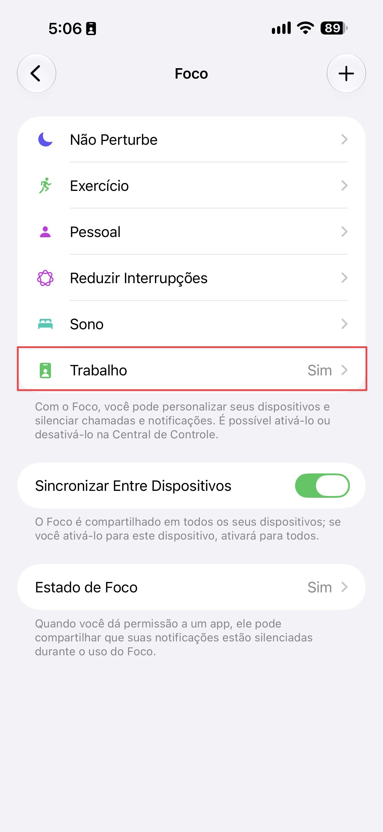 Tela de Ajustes > Foco com o Foco Trabalho destacado na lista