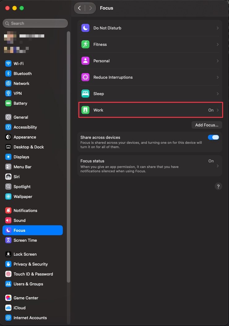 Settings > Focus screen with the Work Focus highlighted in the list