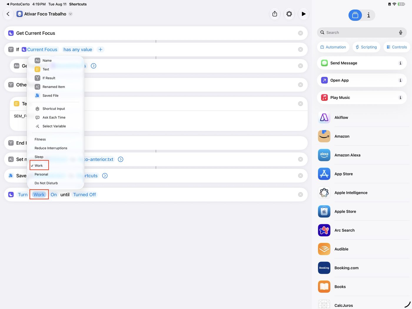'Ativar Foco Trabalho' Shortcut editor with the Set Focus action set to Work