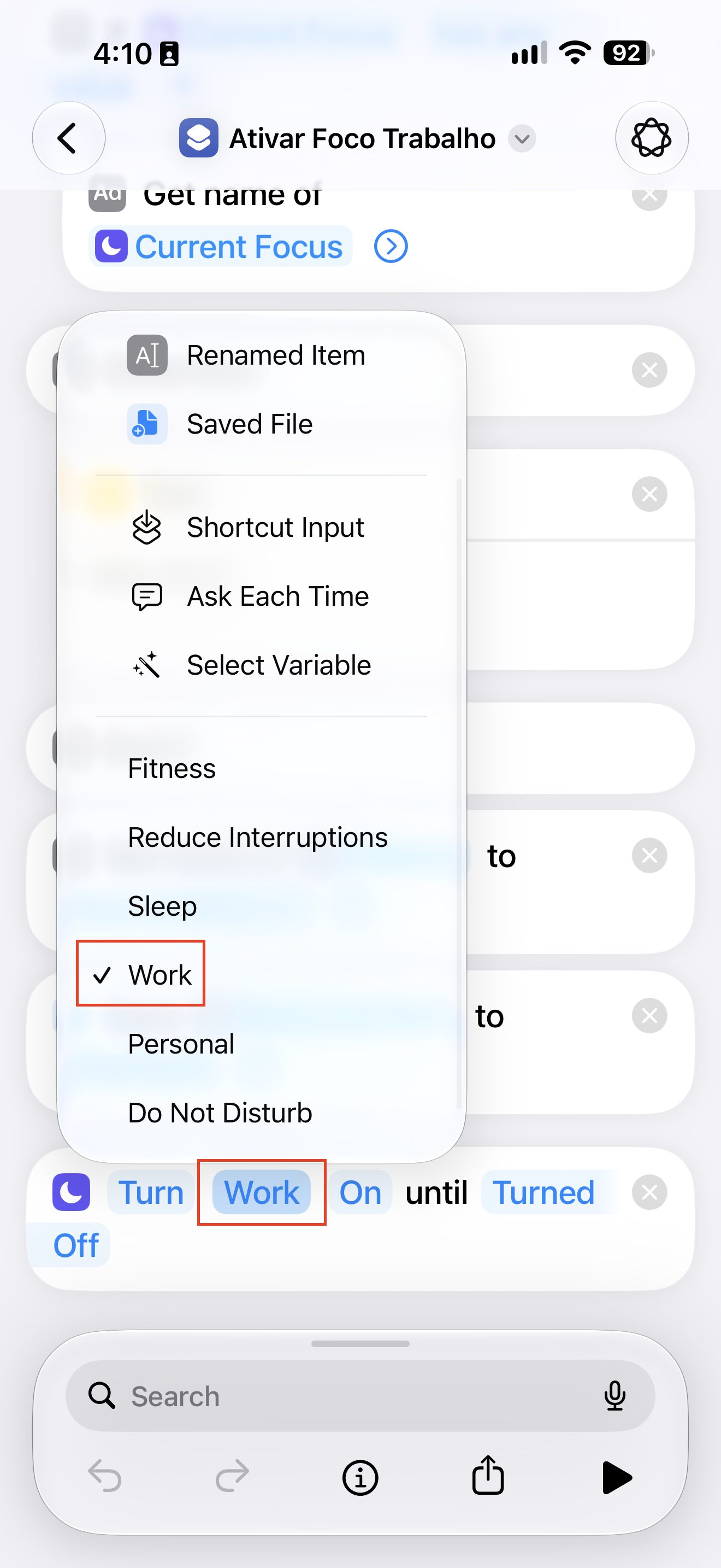 'Ativar Foco Trabalho' Shortcut editor with the Set Focus action set to Work