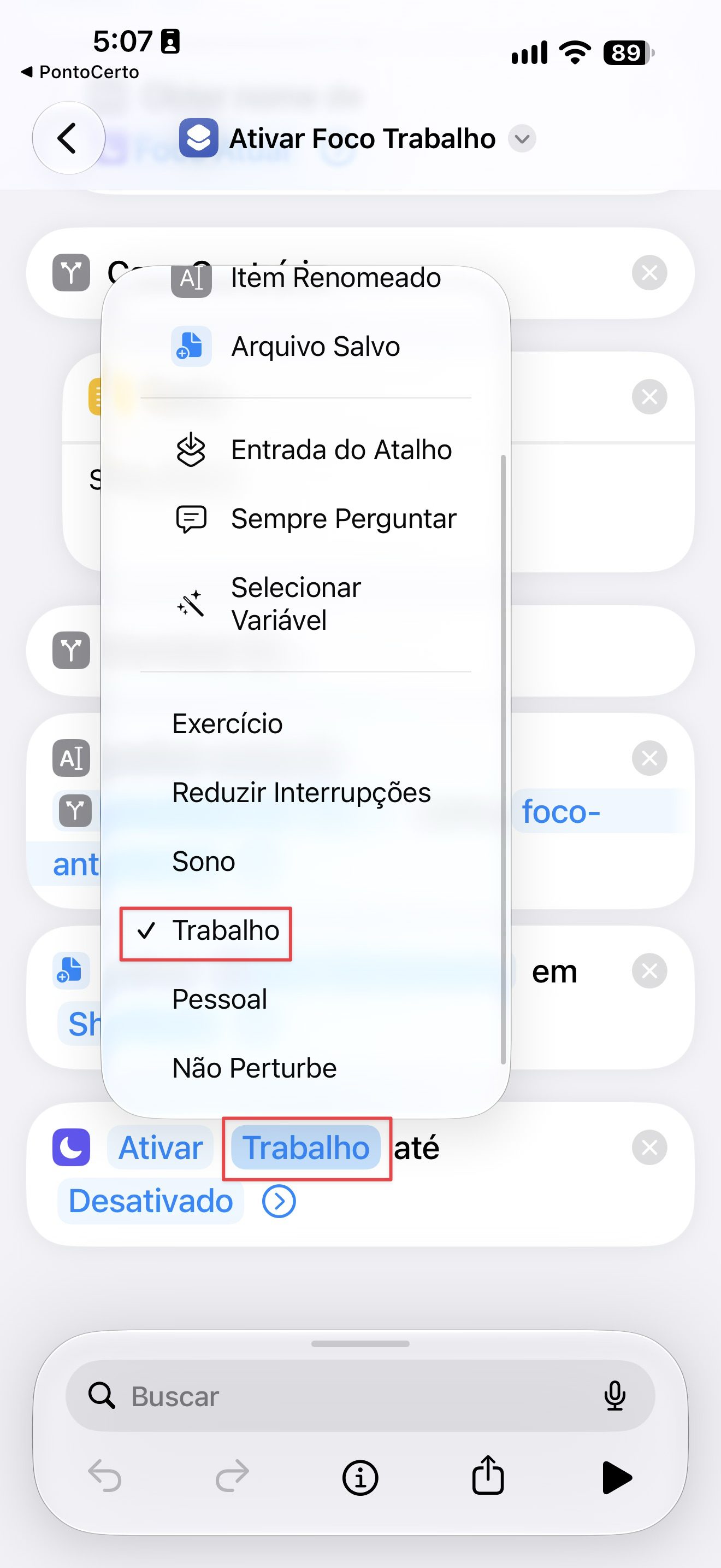 Editor do Atalho 'Ativar Foco Trabalho' com a ação Definir Foco selecionando Trabalho