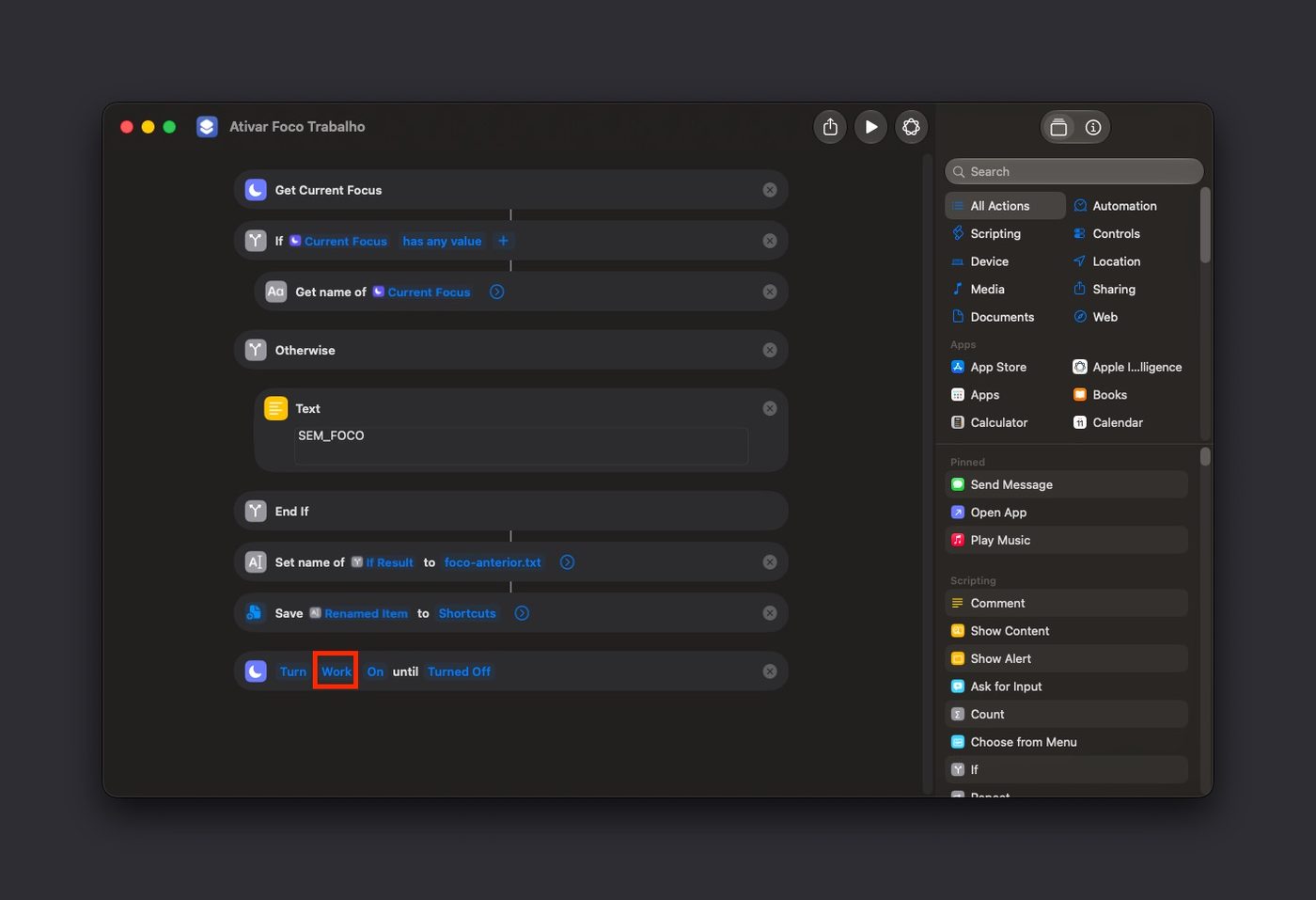 The 'Turn On Work Focus' Shortcut editor showing the whole flow: get the current Focus, save it to a file, and turn Work Focus on