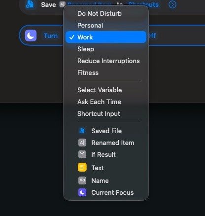 Focus picker open over the Set Focus action, with Work checked