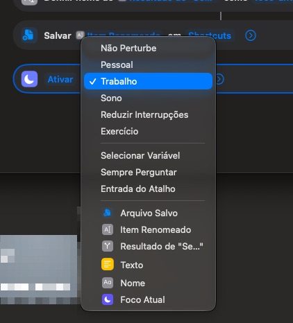 Seletor de Foco aberto sobre a ação Definir Foco, com Trabalho marcado