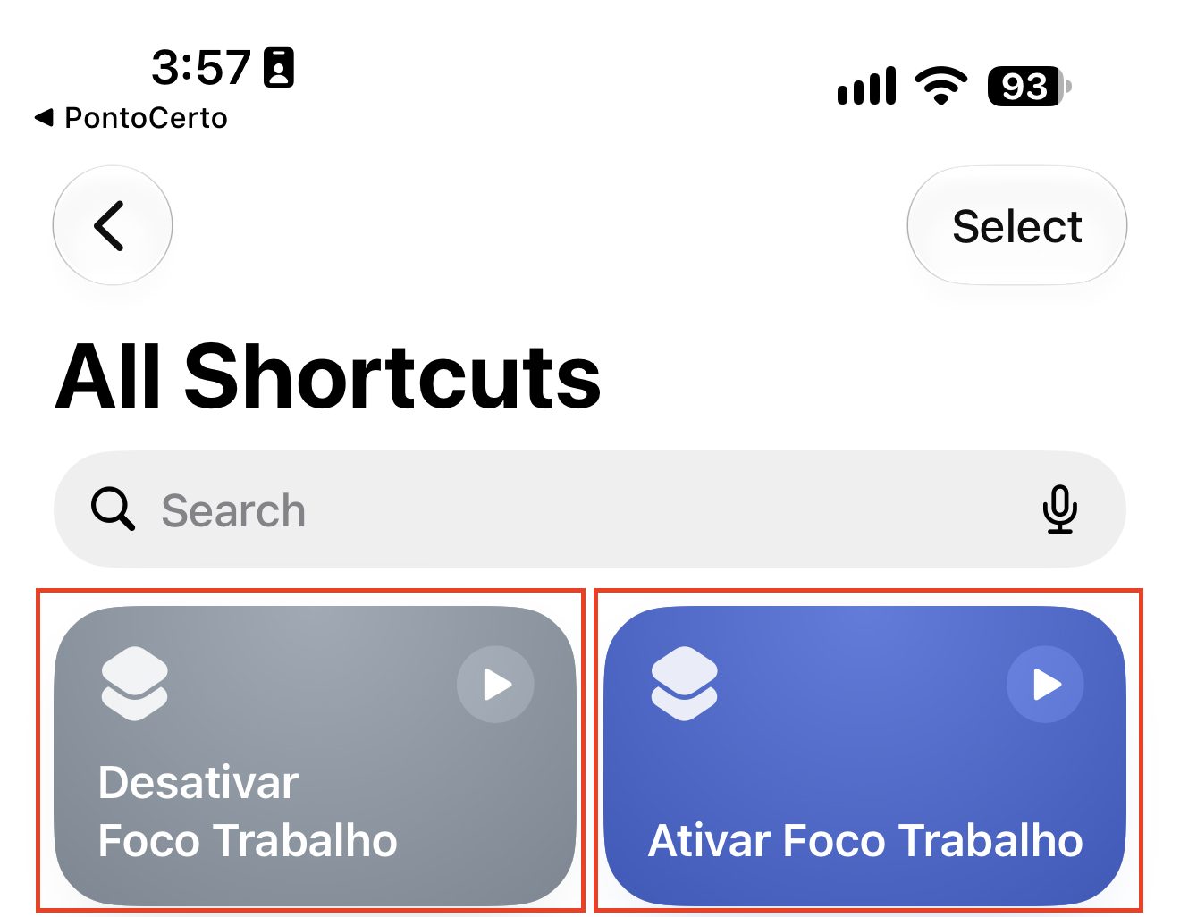 All Shortcuts list with Ativar Foco Trabalho and Desativar Foco Trabalho highlighted