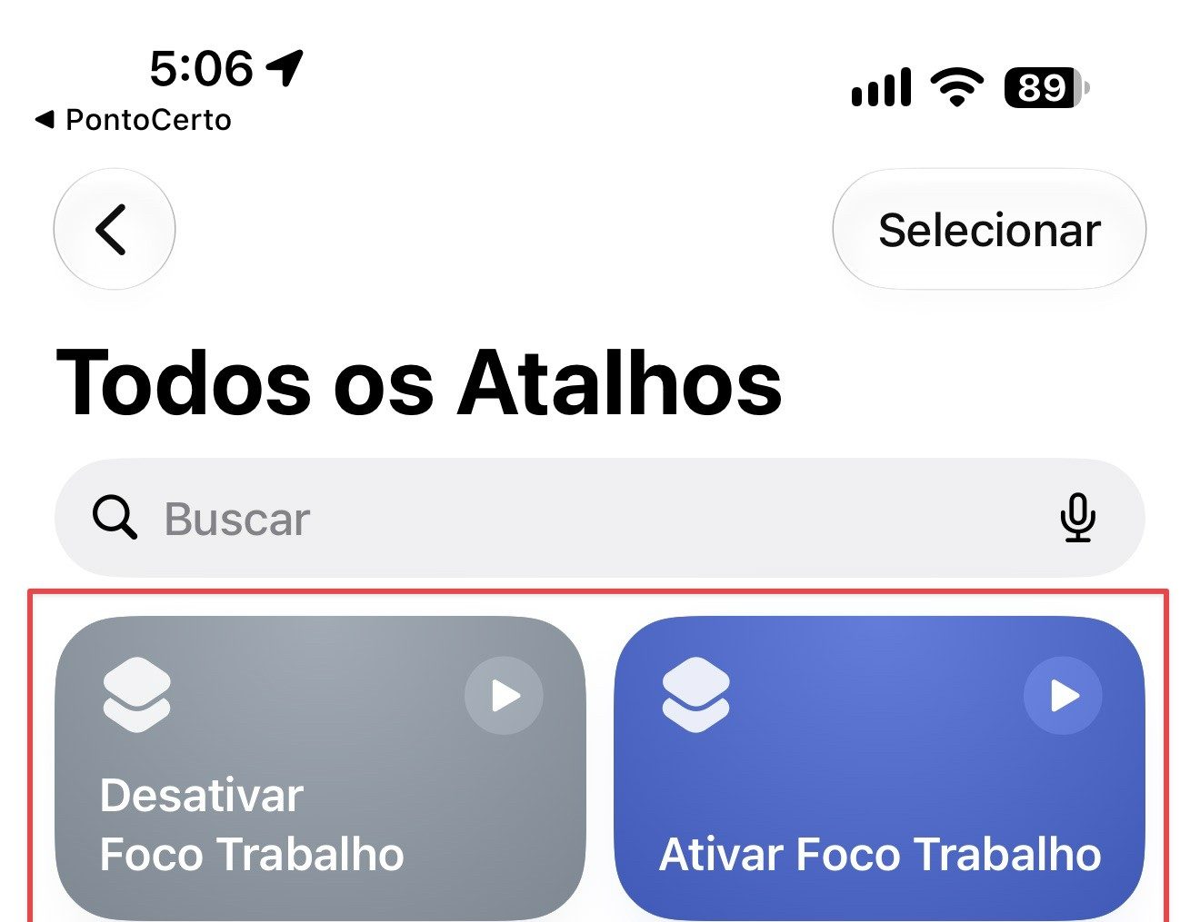 Lista de Todos os Atalhos com Ativar Foco Trabalho e Desativar Foco Trabalho destacados