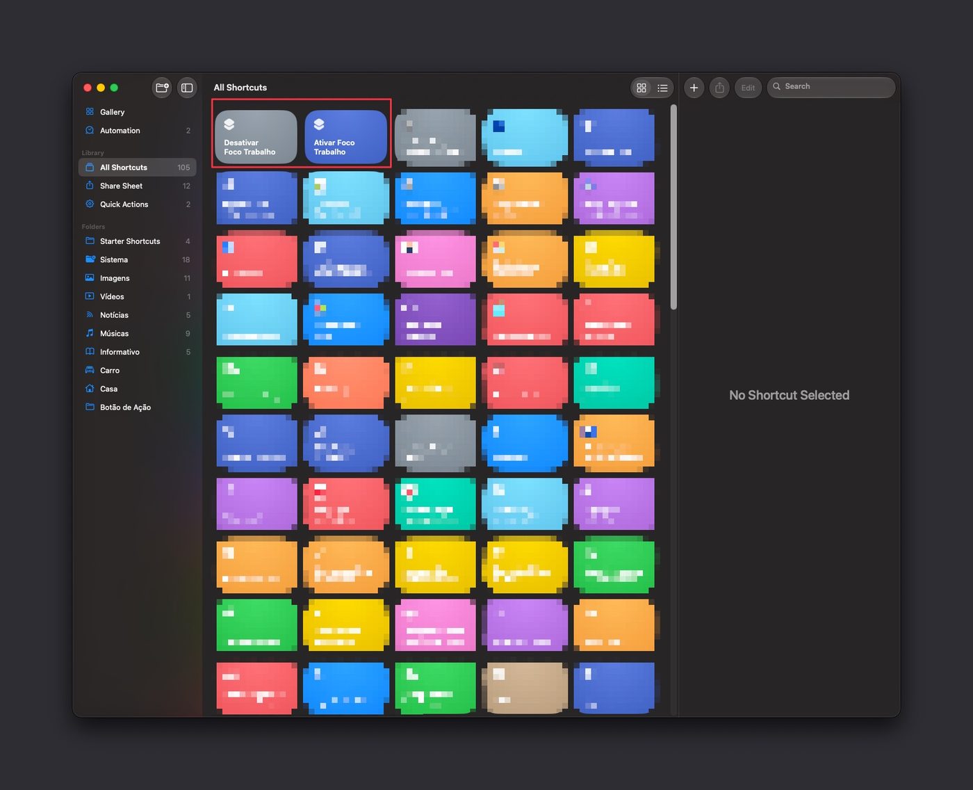 All Shortcuts list with Ativar Foco Trabalho and Desativar Foco Trabalho highlighted