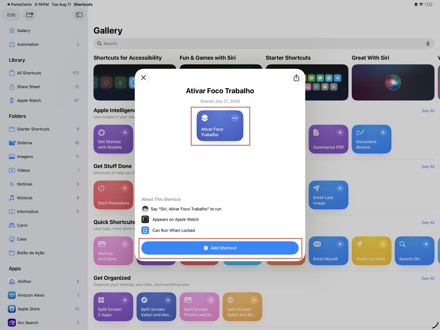 'Add Shortcut' confirmation screen in the Shortcuts app