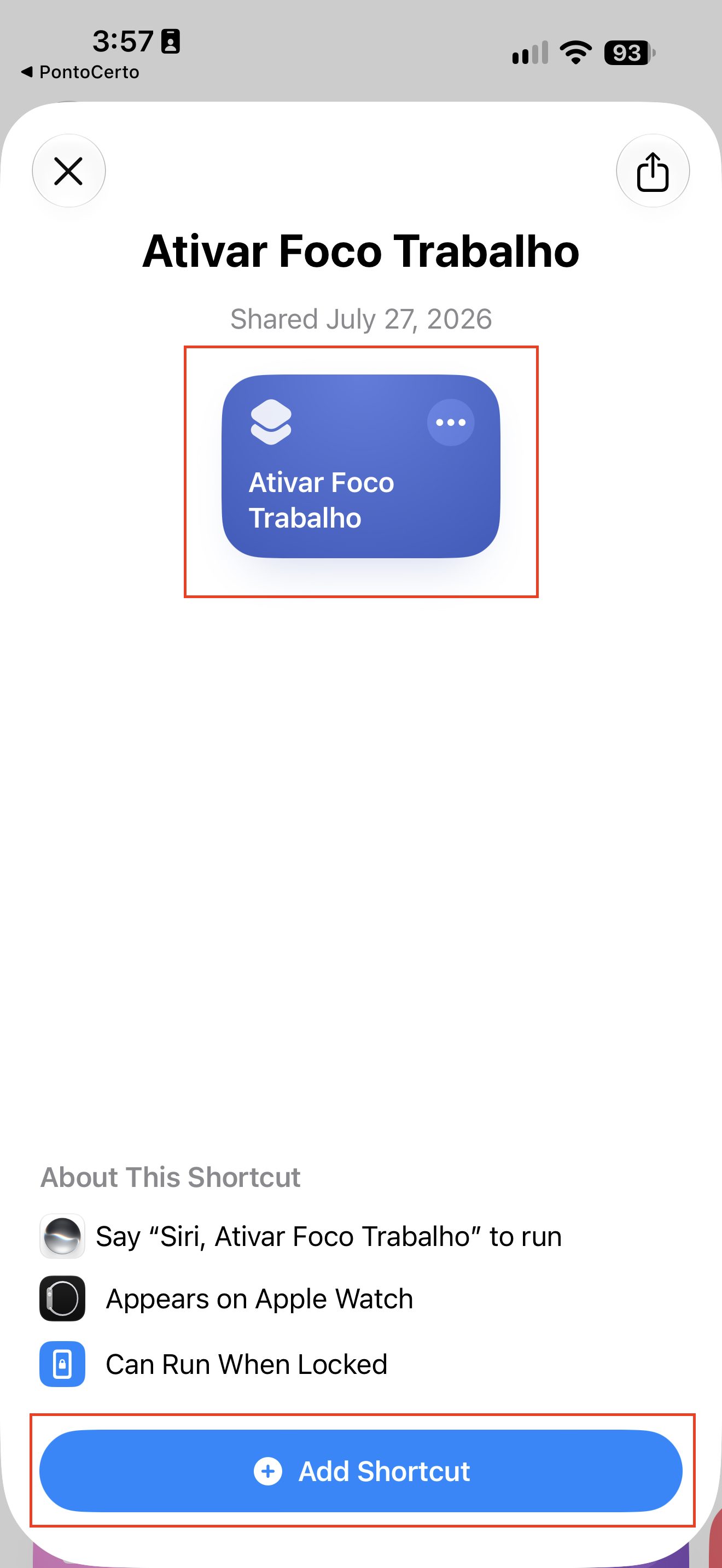 'Add Shortcut' confirmation screen in the Shortcuts app