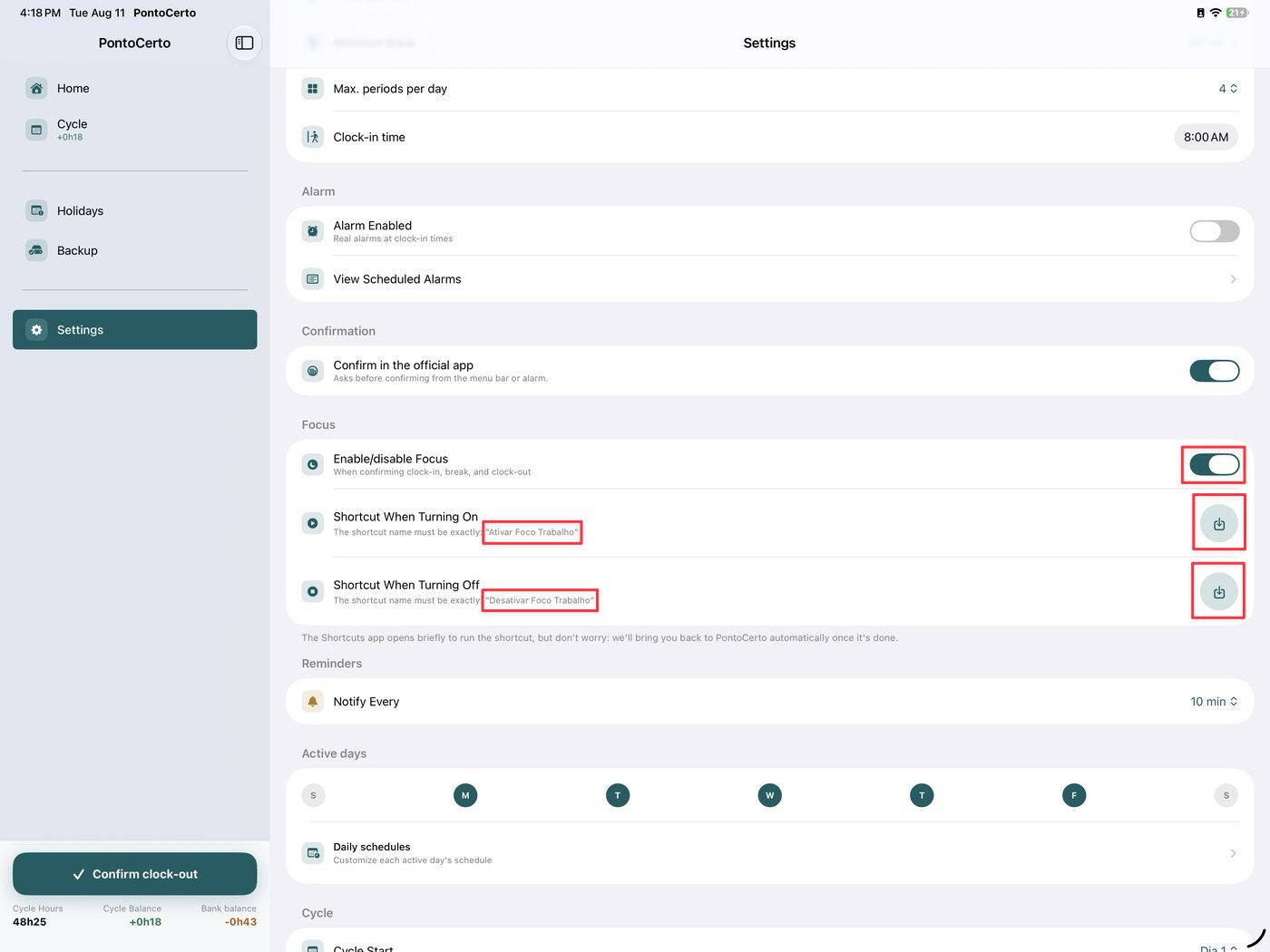 Focus section in PontoCerto Settings, with the toggle on and the two Add Shortcut buttons