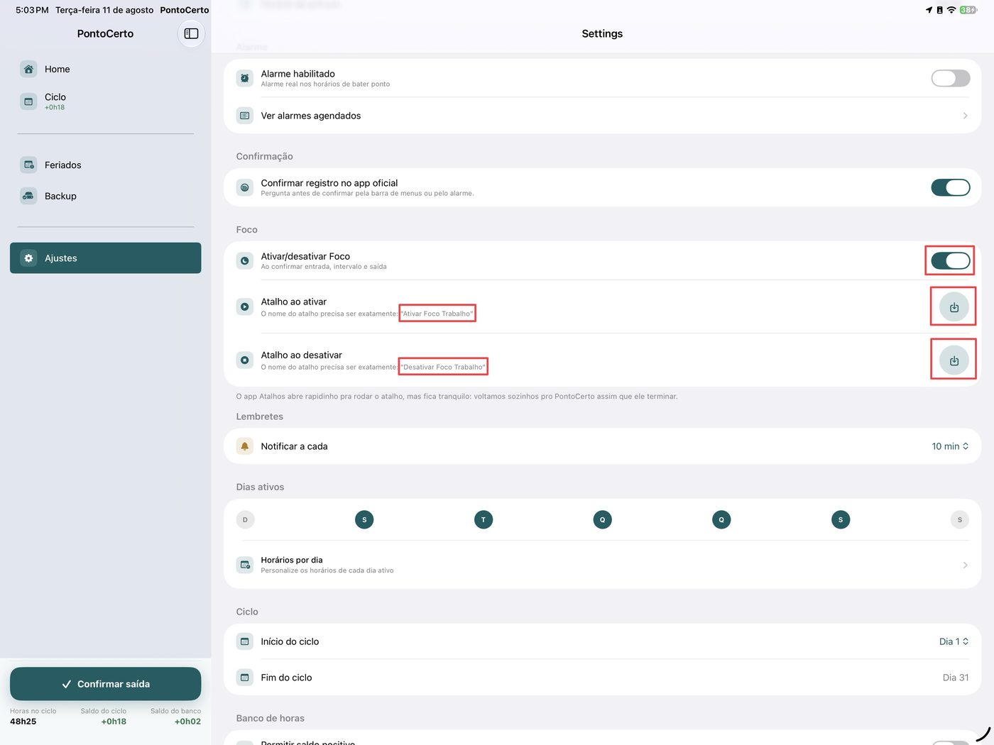 Seção Foco nos Ajustes do PontoCerto, com o toggle ligado e os dois botões de instalar atalho