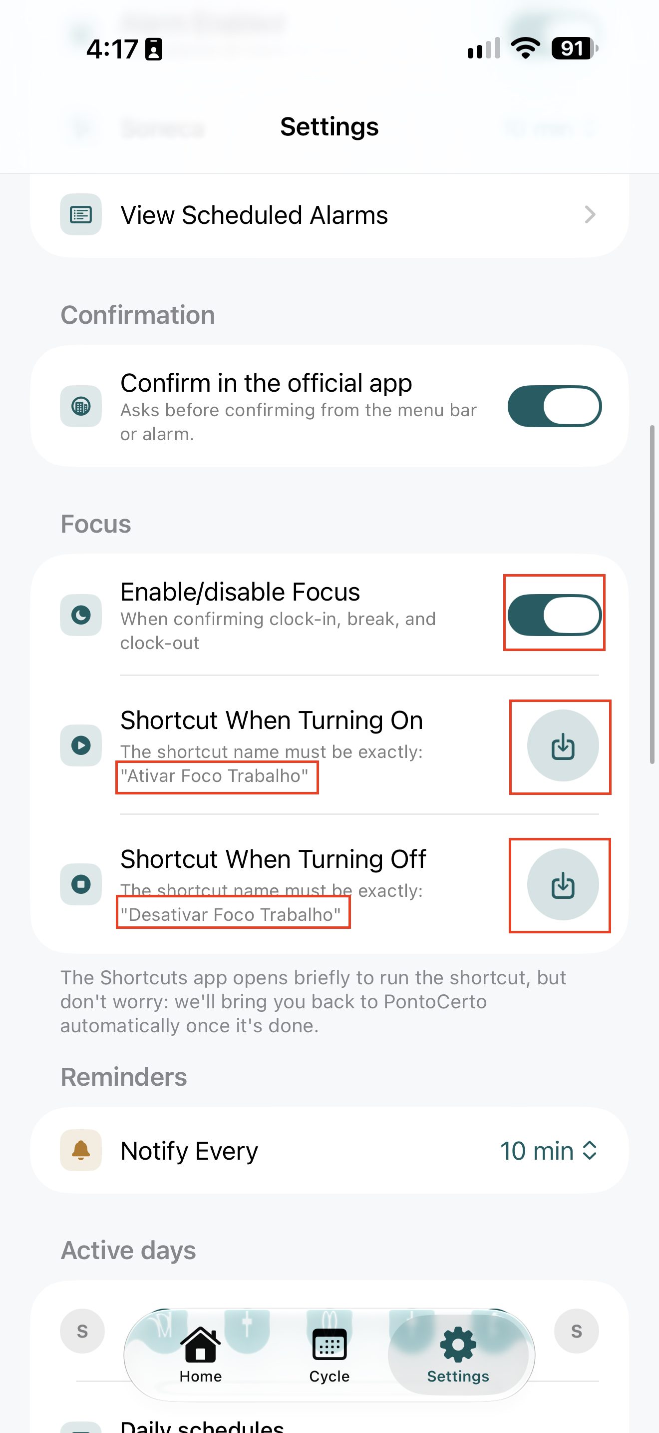 Focus section in PontoCerto Settings, with the toggle on and the two Add Shortcut buttons