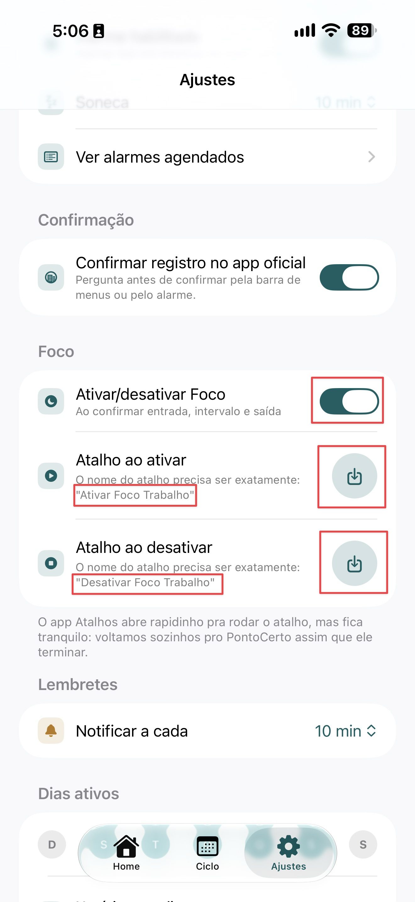Seção Foco nos Ajustes do PontoCerto, com o toggle ligado e os dois botões de instalar atalho