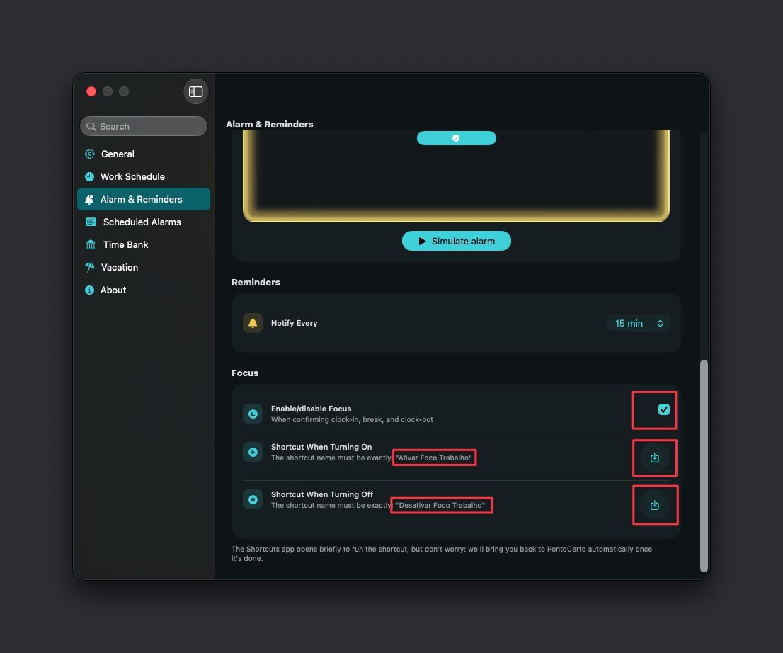 Focus section in PontoCerto Settings, with the toggle on and the two Add Shortcut buttons