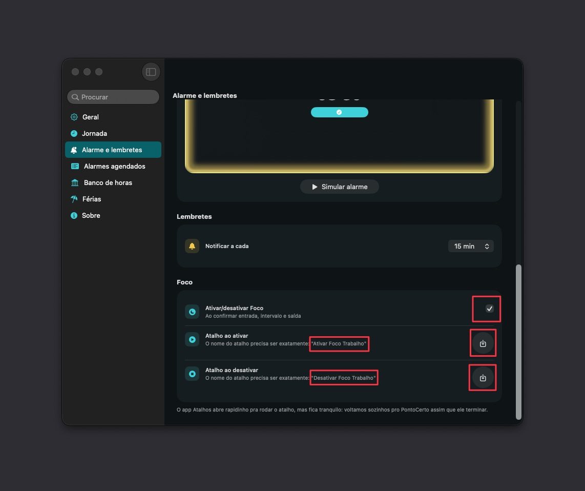 Seção Foco nos Ajustes do PontoCerto, com o toggle ligado e os dois botões de instalar atalho